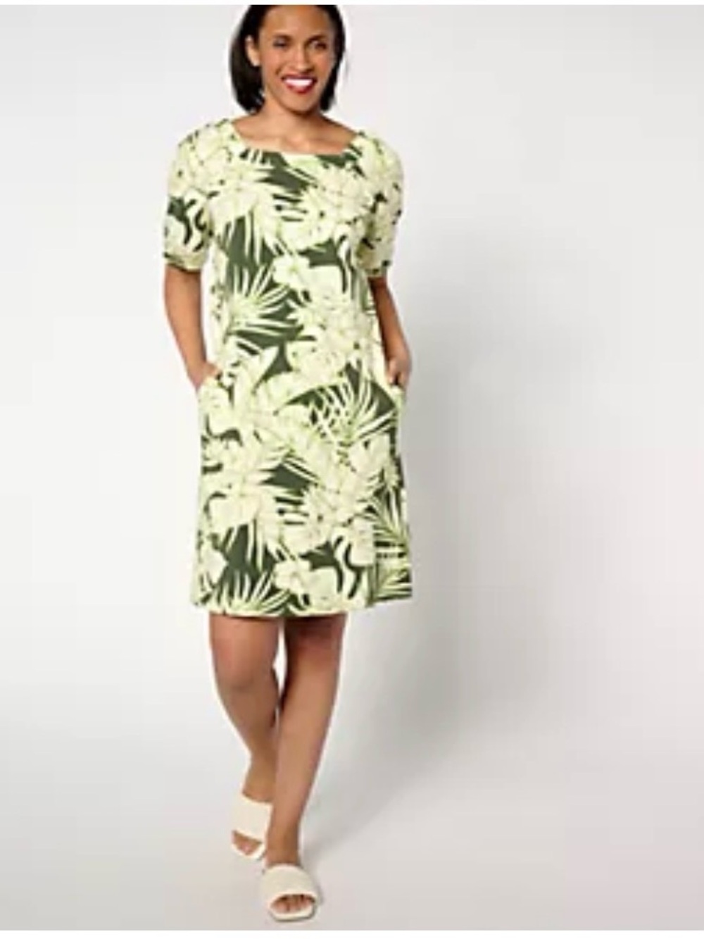Denim&Co Green Tropical Print Shift Dress short sleeve beach summer